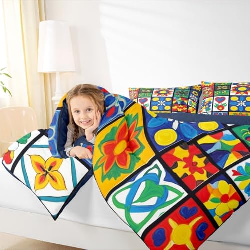Erosebridal Mexican Talavera Tiles King Size Comforter Set, Colorful Floral Patchwork Bedding Sets for Kids Girls Boys, Vintage Boho Flower Bed Set Quilts, Mexico Ethnic Room Decor - Image 4