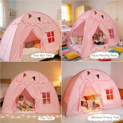 Full Size Bed Tent for Kids, Indoor Kids Privacy Play Tent, Blackout Sleeping Bed Canopy, Portable & Foldable Floor Bed Tents, Pink - Image 3