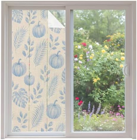 Window Privacy Film Frosted, Blue Pumpkins Fall Non-Adhesive Static Cling Window Tint, Thanksgiving Tropical Palm Rustic Insulated Windows Frosted Films for Living Room, 35.4 x 78.7 Inches by Unknown