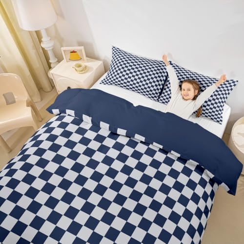 Gird Printed Duvet Cover Set Twin Size,Navy Blue Plaid Bedding Set 2Pcs for Kids Boys Teens Men Room Decor,Modern Geometric Check Comforter Cover Lightweight Soft Quilt Cover,1 Pillowcase - Image 5