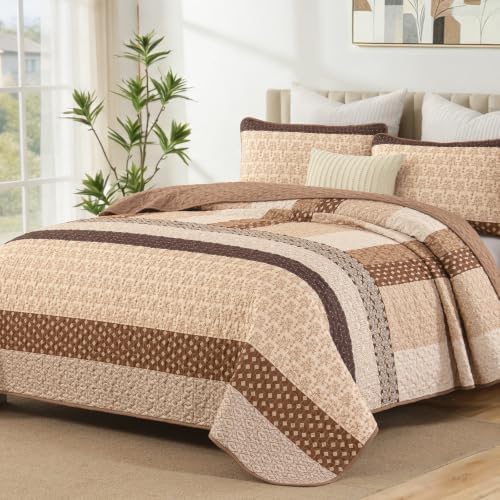 WONGS BEDDING Boho Queen Size Quilt Set, Brown Striped Bedspread by WONGSBEDDING