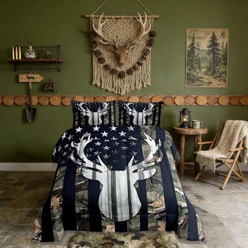 Rustic Deer Boys Bedding Set Queen Size,Deer Antlers Wild Animal Hunting Comforter Set,Army Green Camo Comforter Stars Stripes USA Flag Quilt with 2 Pillowcases, Camping Theme RV Cabin Lodge Decor by CastleFairy