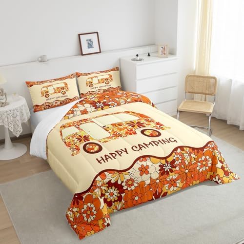 Erosebridal Happy Camping Bedding for Camper Full Groovy Flowers 60S 70S Style Comforter Set for Kids Girls Women Floral Camper Car Quilt Comforter Cute Camping Bed Set Orange Brown Beige 3 Pcs - Image 5