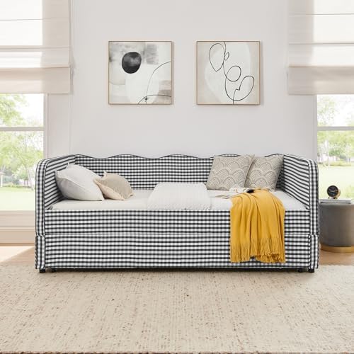 3 in 1 Full Daybed with Pop Up Trundle, Convertible Gingham Upholstered Sofa Bed with Side Storage Pockets, Extendable Guest Bed Frame for Teens Adults Bedroom Living Room, Black - Image 2