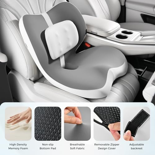 FLORICH 2 in1 Truck Seat Cushion and Lumbar Support Pillow Memory Foam Car Seat Cushion with Adjustable Strap for Truck Driver Long Drives, Fits Semi Truck Seat,Car,Office&Gaming Chair(Light Grey) - Image 2