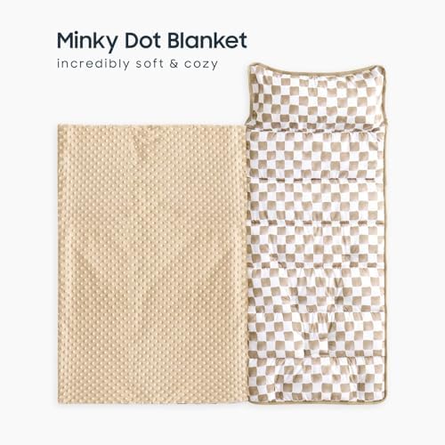Wake In Cloud - Toddler Nap Mat with Pillow and Minky Fleece Blanket, for Kids Boys Girls Ages 3 Plus in Daycare Preschool, Roll Up Sleeping Bag, Gingham Grid Checkered, Brown White, Standard - Image 2