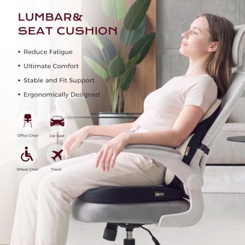Coverado Car Seat Cushion and Lumbar Support Pillow, Memory Foam Cooling Silk, Ergonomic Support for Back Pain Relief, Seat Cushion for Car Driver & Office Chair Universal Fit Black&Gray - Image 2