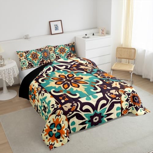 Erosebridal Mexican Talavera Tile Queen Comforter Set,Colorful Tile Mexico Bedding Set for Kids Adults,Boho Style Floral Quilt Bed Set,Vintage Patchwork Tiles Room Decor with 2 Pillowcases - Image 5