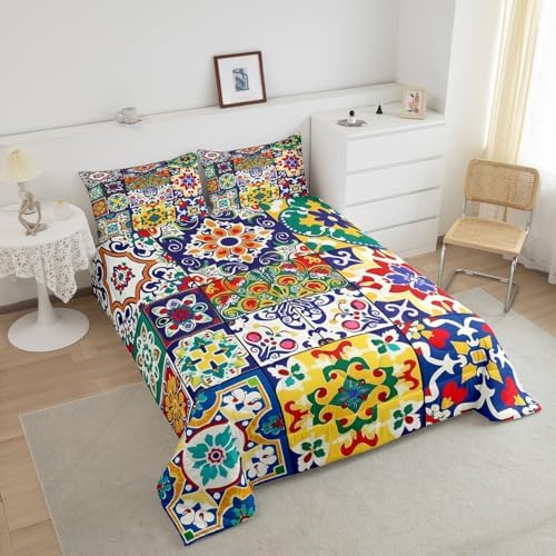 Erosebridal Colorful Mexican Style Toddler Bedding Set,Retro Talavera Tile Comforter Set for Kids Room Decor,Exotic Ethnic Boho Quilt Bed Set Patchwork Floral Print Down Comforter 2Pcs - Image 3