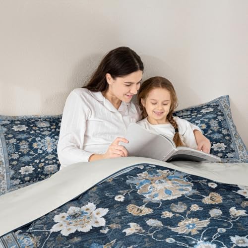 Erosebridal Navy Blue Floral Full Comforter Set - Vintage Flower Boho Bedding Set for Kids Adults | Farmhouse Cottage Flowers Quilt | Retro Aesthetic Bedroom Decor with 2 Pillowcases - Image 6