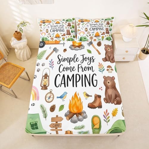 Erosebridal Forest Themed Camping Full Size Bedding Set, RV Bunk Camper Outdoor Fitted Sheet for Kids Girls Boys, Woodland Farmhouse Bear Bed Sheets Set, Travel Trailers Room Decor by Erosebridal