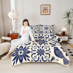 Erosebridal Mexican Talavera Tile Bedding Set Full - Vintage Flower Comforter Set, Mexico Exotic Floral Quilt for Kids Adults, Aesthetic Patchwork Flowers Bedroom Decor - 2 Pillowcases by Erosebridal