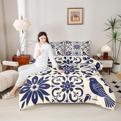 Erosebridal Mexican Talavera Tile Bedding Set Full - Vintage Flower Comforter Set, Mexico Exotic Floral Quilt for Kids Adults, Aesthetic Patchwork Flowers Bedroom Decor - 2 Pillowcases by Erosebridal