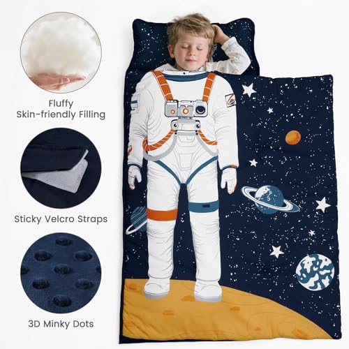 PHF Toddler Nap Mat with Removable Pillow and Minky Blanket, Rollup Design Kids Sleeping Mat, Slumber Bags for Boys, 50"x20" Toddler Sleeping Bag for Daycare Preschool Travel Camping, Astronaut - Image 5