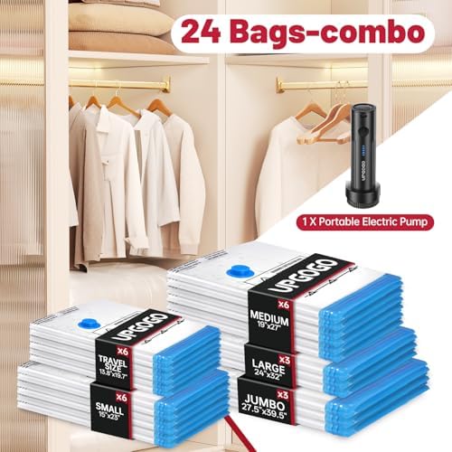 UPGOGO Combo 24 Pack Vacuum Storage Bags with Portable Electric Pump,Vacuum Seal Bags for Clothing,Space Saver Bags,Vacuum Travel Bags for Luggage - Image 2