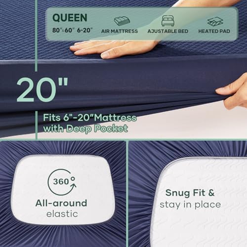 OhGeni Waterproof Mattress Protector,Queen Size Navy Soft Bamboo Viscose Top Layer Pad,3D-Air Fabric Cooling Fitted Sheets,Bed Cover,Deep Pocket Hotel Pet Stain Proof Over 99 Count Hex Bumps - Image 2