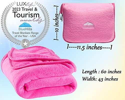 BlueHills Travel Blanket Pillows for Two Airplane Traveling Essentials Flight Throws in Bag case with Backpack Clip Compact Large Plane Accessories – Pink and Grayish Blue - Image 7