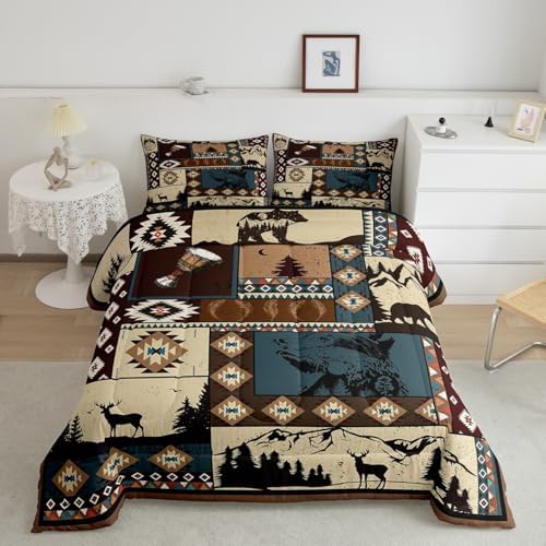Deer and Bear Wild Animal Bedding Set King Size,Tribal Exotic Style Patchwork Plaid Comforter Set Room Decor for Home,Retro Rustic American Geometric Microfiber Down Comforter,with 2 Pillowcases by CastleFairy