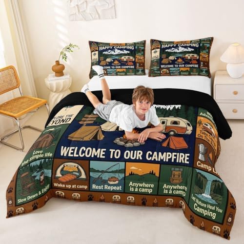 Erosebridal Camping Themed Full Size Bedding Set for Kids, Outdoor RV Bunk Camper Comforter Sets for Girls Boys, Forest Bear Rustic Mountain Bed Set Quilt, Camping Lover Gifts Bedroom Decor - Image 6
