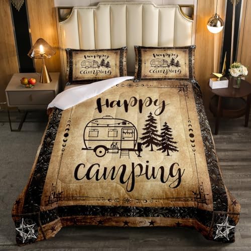 Erosebridal Happy Camping Bedding Sets King Western Camper Accessories Comforter Set for Rv Bunk,Travel Trailers Quilt Duvet Comforter for Teen Boys Adults Men Rustic Farmhouse Quilt Set - Image 2