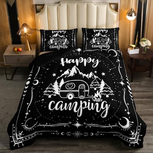 Erosebridal Camping Comforter Set Twin Black and White for Kids Boys Girls - Happy Camping Bedding Set for RV, Moon and Stars Room Decor Quilt Bed Set 2Pcs by Erosebridal