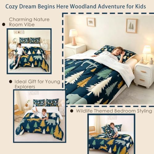 Feelyou Moose Fox Comforter Set Twin Size Soft Kids Nature Woodland Wild Animal Bedding Set with Pillow Case Farmhouse Bear Bathroom Lightweight Breathable Comforter - Image 4