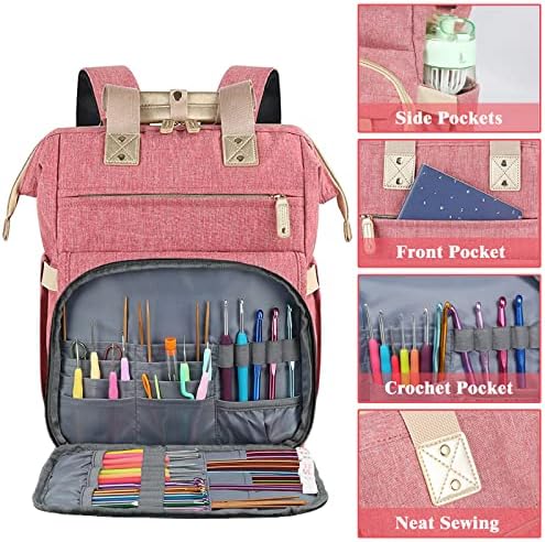 LTINVECK Knitting Bag Backpack,Yarn Storage Organizer Travel Crochet Bag,Large Capacity Tote Bag Yarn Holder Case for Carrying Projects, Knitting Needles, Crochet Hooks Pink - Image 2