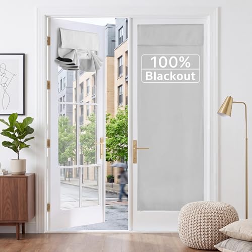 RYB HOME 2 Panels 100% Blackout French Door Curtains Set of 2 - W30 x L69, Greyish White - No Drill Door Window Curtains Thermal Insulated Privacy Assured Shades for Front Entrance by RYBHOME