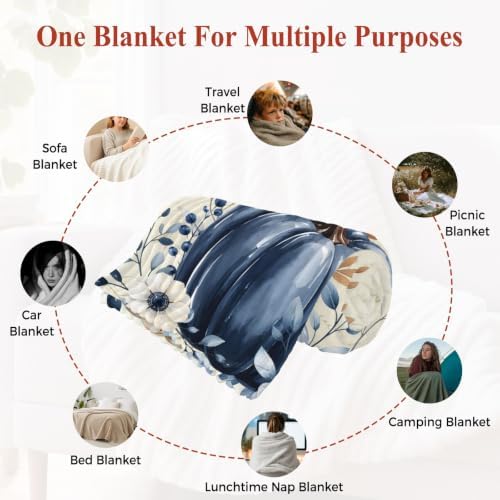 Fall Throw Blanket, Blue Pumpkin Thanksgiving Fluffy Soft Blankets for Couch Bed Travel, Autumn Eucalyptus Leaves Plush Microfiber Striped Flannel Blankets, Vintage Lightweight Sofa Blankets 50"x80" - Image 6