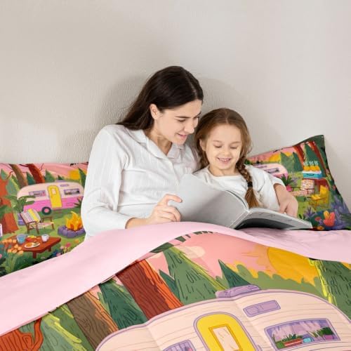Erosebridal Woodland Camping King Comforter Set Rustic Camper Car Bedding Set Rv Bunk Comforter for Kids Boys Girls Campfire Sunset Quilt Duvet - Image 6