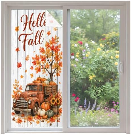 Window Privacy Film Frosted, Thanksgiving Non-Adhesive Static Cling Window Tint, Fall Orange Car Pumpkin Maple Wood Grain Insulated Windows Frosted Films for Living Room, 35.4 x 78.7 Inches by Unknown
