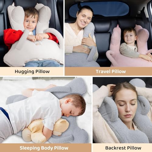FLORICH Kids Travel Pillow, Car Sleeping Travel Pillow for Kids, Removable H-Shaped Pillow for Adults and Children to Support Head and Body Road Trips with Neck Pillow and Blanket (Light White) - Image 2