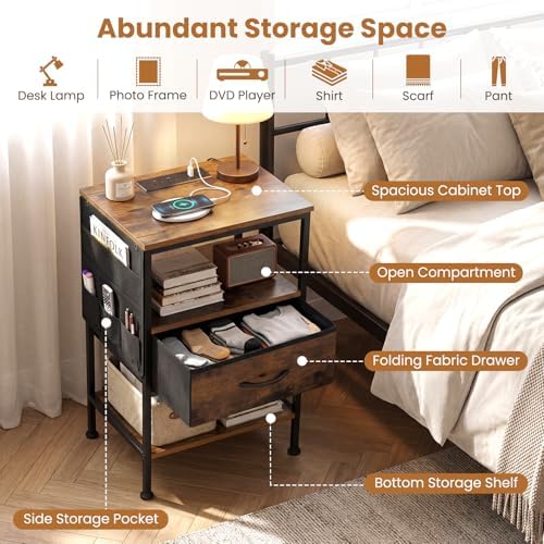 KOMFOTT Nightstand with Charging Station, 24.5" Modern Bedside Table with Fabric Drawer, Open Shelf & Side Pocket, End Table with 2 AC Outlets, USB and Type-C Port for Bedroom (Rustic Brown,1) - Image 6