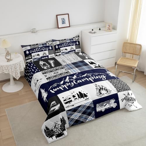 Camping Adventure Comforter Set King Size,RV Camper Accessories for Travel Trailers Bedding Set All Season Quilt Set,Rustic Blue Plaid Boho Aztec Exotic Microfiber Polyester Down Comforter - Image 4