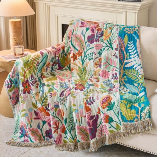 Boho Throw Blanket, 100% Soft Cotton Floral Quilt, Throw 50"x 60" - Image 6