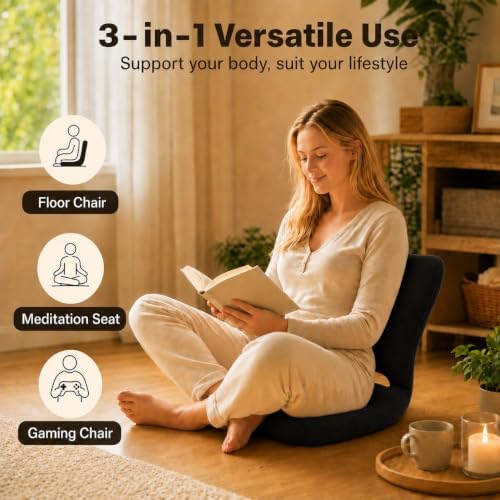 Ergonomic Back Support for Office Chair, Seat Cushion with Backrest, Adjustable Folding Floor Chair for Home, Gaming & Meditation (Black) - Image 6