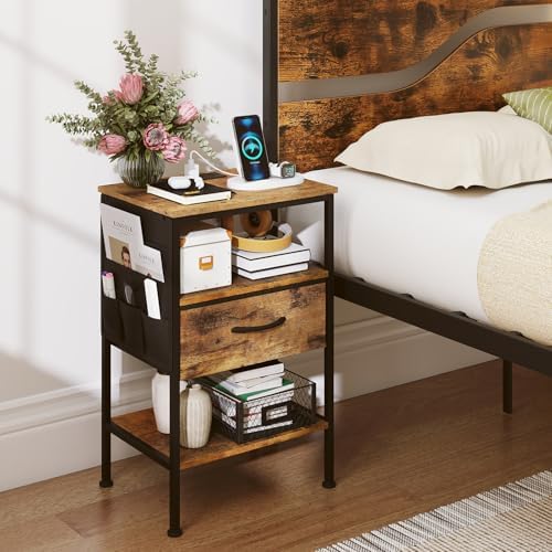 KOMFOTT Nightstand with Charging Station, 24.5" Modern Bedside Table with Fabric Drawer, Open Shelf & Side Pocket, End Table with 2 AC Outlets, USB and Type-C Port for Bedroom (Rustic Brown,1) - Image 2