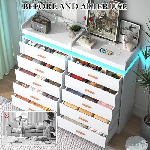 jiteentarou 5 Drawer Dresser with Charging Station and LED Lights, Modern Chest of Drawers with Power Outlet, Organizer Cabinet for Bedroom, Living Room, Entryway, White - Image 5