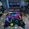 Boys Gaming Reversible Comforter Set Toddler Size,Video Games Gamepad Print Bedding Set Gamer Room Decor,Space Galaxy Glow Neon Hexagon Duvet Set with 1 Pillowcase,Polyester (Purple Blue) by CastleFairy