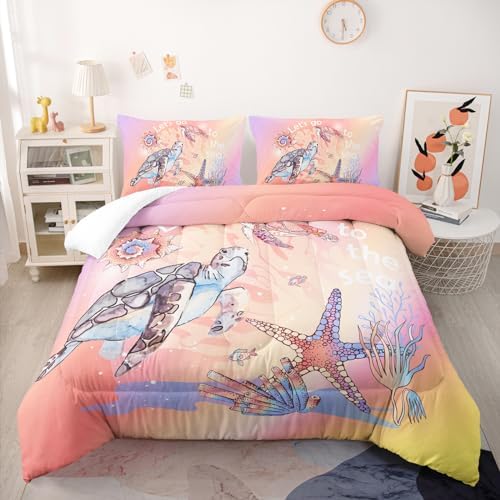 Nttopship Sea Turtles Comforter Sets Queen Size ， Bedding Sets for Kids,Cartoon Starfish and Aquatic Plants Comforter Sets All Season 1 Comforter and 2 Pillowcases - Image 2