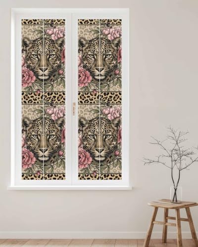 Window Privacy Film Frosted, Leopard Print Reusable Static Cling Window Tints, Vintage Peony Flower Chic Cheetahs Texture Heat Control Windows Films for Offices, Balcony, 29.5 x 118 Inches - Image 2