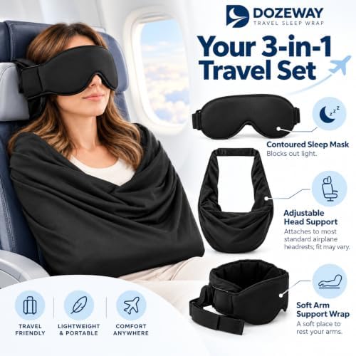 Dozeway Travel Sleep Set, Dozeway Travel Set 3-in-1 with Contoured Sleep Mask, Adjustable Head Support & Soft Arm Support Wrap for Airplane Travel - Image 2