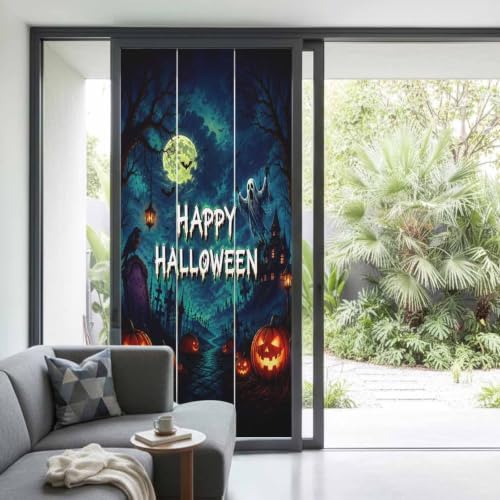 Window Privacy Film Frosted, Halloween Non-Adhesive Static Cling Window Tint, Blue Spooky Pumpkin Ghost Moonlight Castle Insulated Windows Frosted Films for Living Room, 35.4 x 78.7 Inches - Image 2