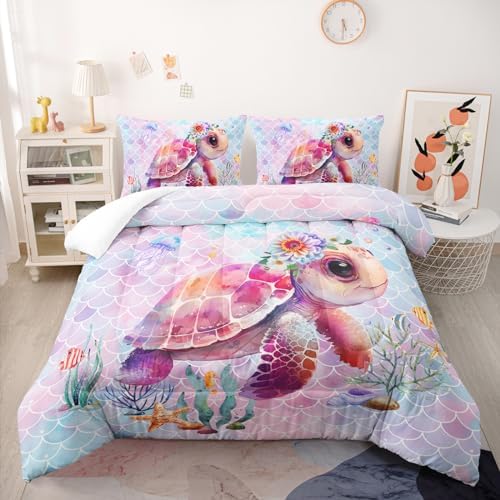 Nttopship Pink Cute Turtle Comforter Sets Twin Size，Bedding Sets for Kids,Flower turtles and fish scales Comforter Sets All Season 1 Comforter and 2 Pillowcases by Nttopship