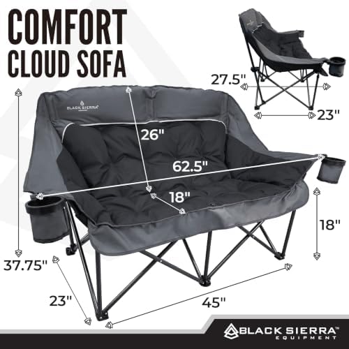 Black Sierra Double Loveseat Comfort Camping Couch, Oversized Folding Chair for Adults, 600‑lb Capacity, Plush Padded Heavy Duty Outdoor Seat with Cup Holders & Carry Bag for Beach, RV - Image 3