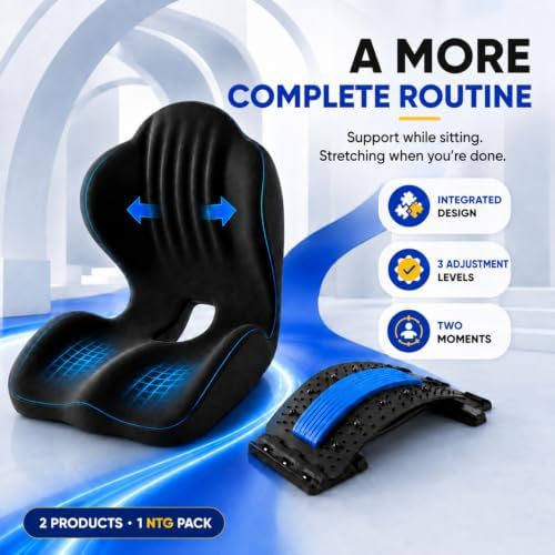 Seat Cushion and Lumbar Back Stretcher 2-Piece Pack, L-Shaped Ergonomic Memory Foam Chair Cushion with Non-Slip Base, Manual Lower Back Massager for Office, Car and Home, Black and Blue - Image 6