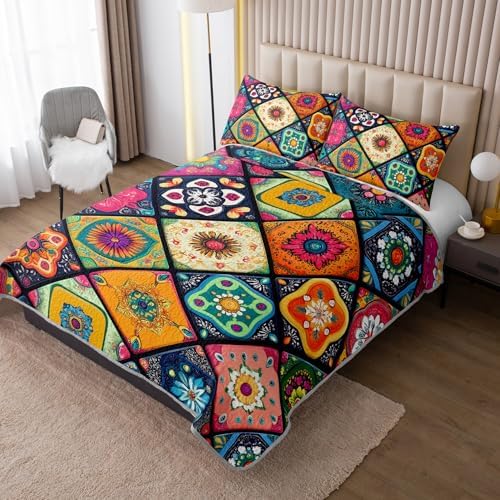 HOSIMA Bohemia Floral Plaid Patchwork Quilt Set Full with 2 Pillowcases. - Image 2