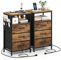 KOMFOTT 2 Nightstands with Charging Station, 27.5" Modern Bedside Table with 3 Fabric Drawers, Open Shelf & Side Pocket, End Table with 2 AC Outlets, USB and Type-C Port for Bedroom(Rustic Brown,2) by KOMFOTT