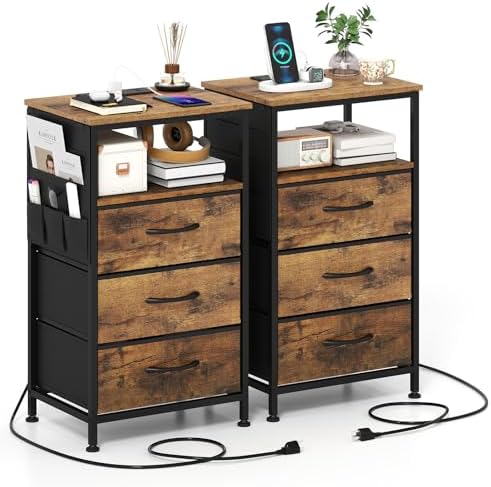 KOMFOTT 2 Nightstands with Charging Station, 27.5" Modern Bedside Table with 3 Fabric Drawers, Open Shelf & Side Pocket, End Table with 2 AC Outlets, USB and Type-C Port for Bedroom(Rustic Brown,2) by KOMFOTT