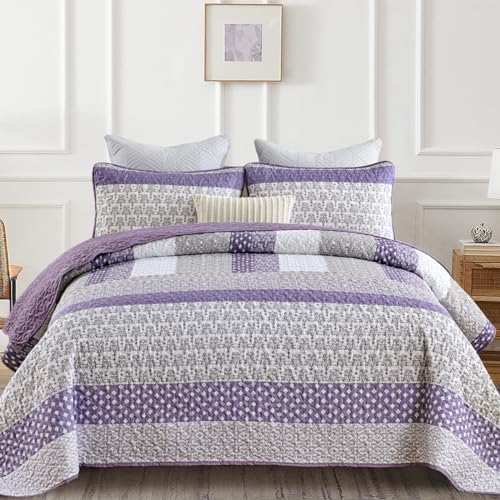 WONGS BEDDING Purple King Quilt Bedding Set, Bohemian Stripe Bedspread - Image 2